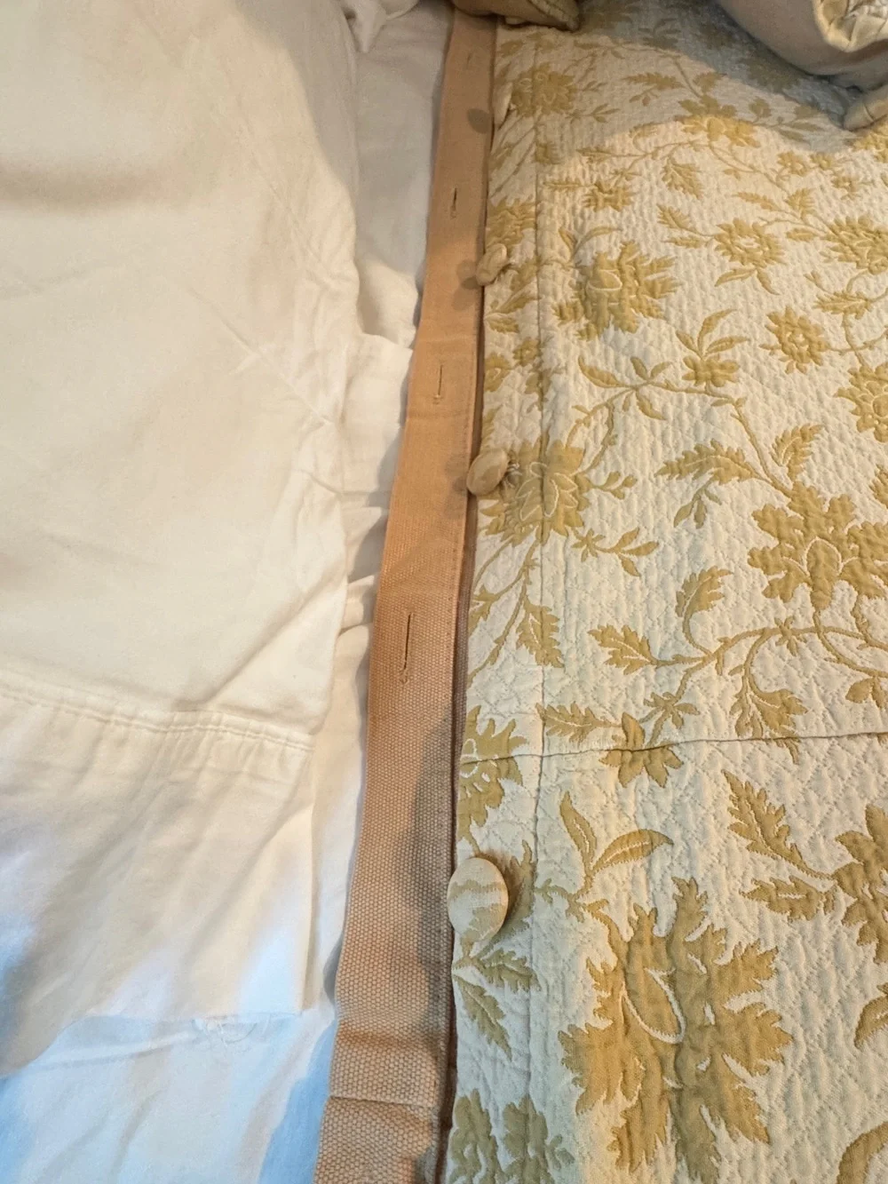 Ethan Allen Cream and Gold Floral Quilted Duvet Cover, Throw Pillows & Bedskirt